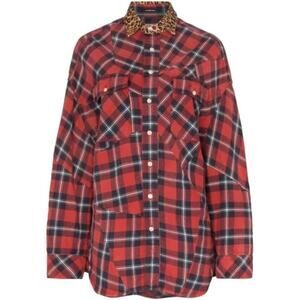 R13 Patched Red Plaid Flannel Shirt Leopard Collar Oversized Medium